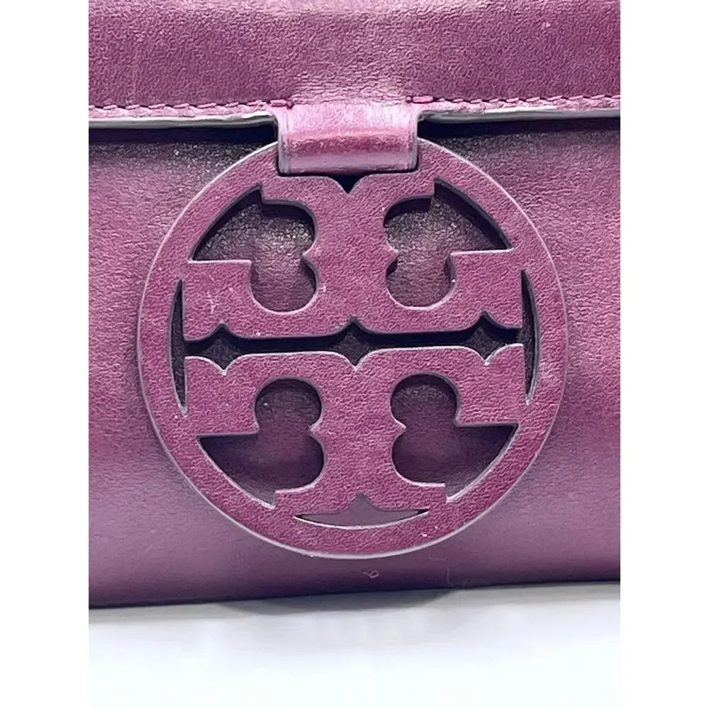 Tory Burch Burgundy Port Wine Logo Front‎ Leather Miller Fold-over Clutch